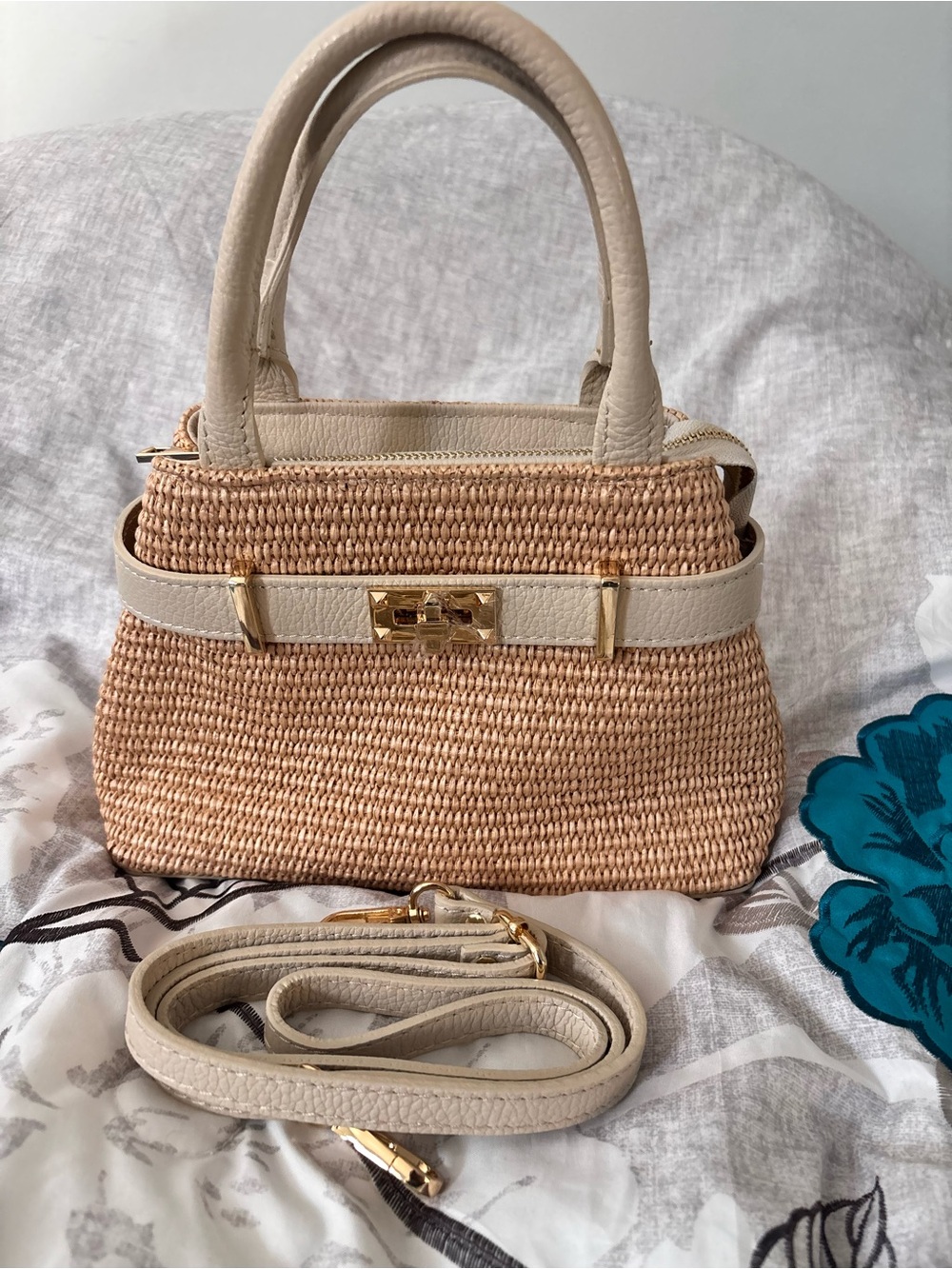 Vera Pelle Beige Straw Satchel with Cream Leather Trim - New Without Tags
